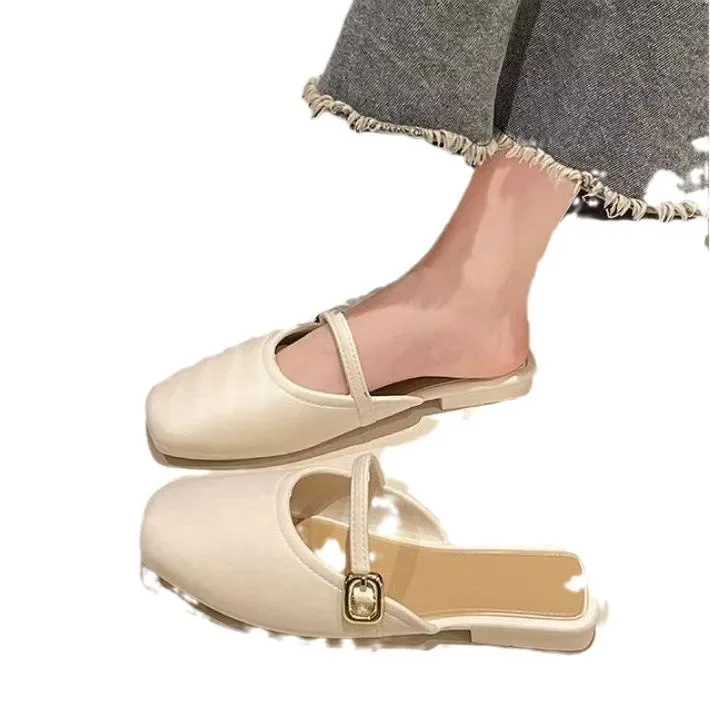 Demi-pantoufles à tête française pour femmes, chaussures de plage simples, tout cuir souple, printemps, été, nouveau, bouche peu profonde, 2024