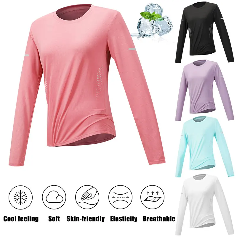 Image of Damen Schnelltrocknendes Langarm-Sport-T-Shirt Fitness Atmungsaktives Lauf-T-Shirt Leichter Sonnenschutz Langarm-Oberteil