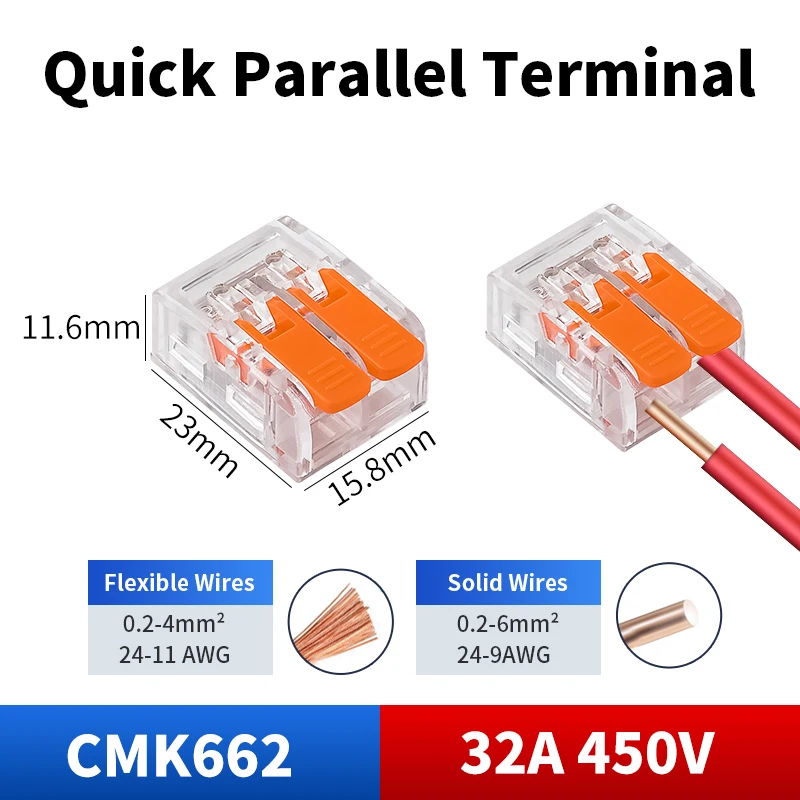 2Ports Quick Parallel Terminal Electrical Compact Splicing Household Connectors CMK66 1 in 1 out  Wide Capacity 0.2-6mm²/24-9AWG