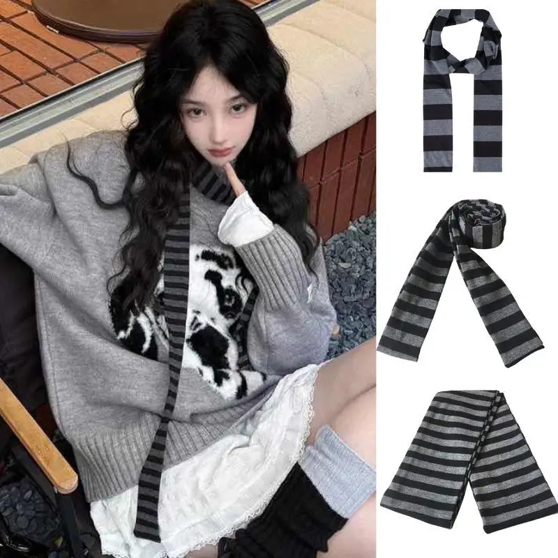 حار وشاح طويل فاسق أسود رمادي مخطط المختنق وشاح المراهقين فتاة 2000s برقبة نحيل رقيقة الرقبة أدفأ الرقبة التفاف الإكسسوار