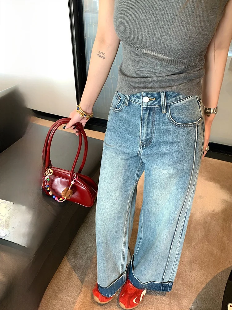 

Женские летние джинсы с высокой талией, широкими штанинами и прямым кроем, свободные, повседневные, из хлопкового денима