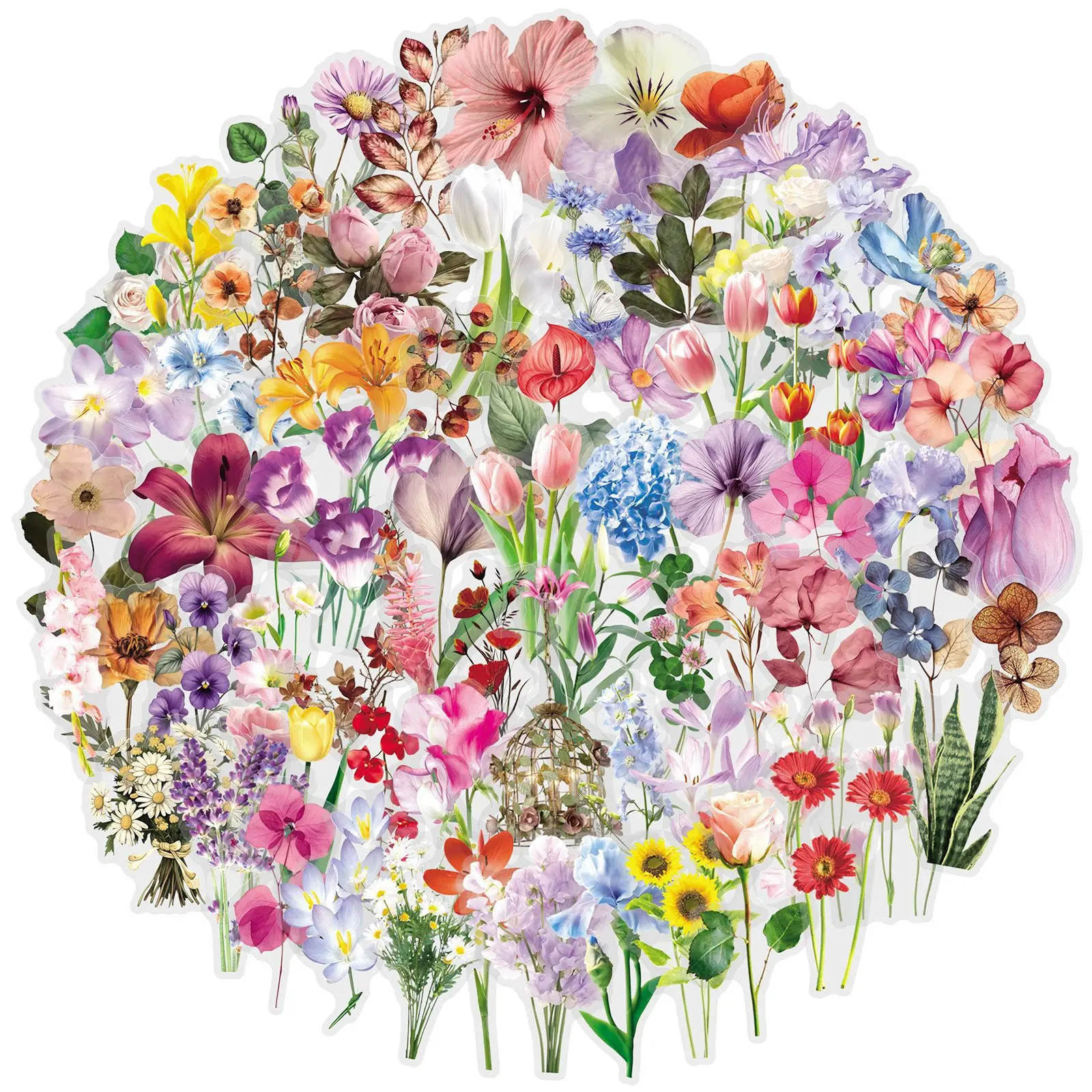 100-Pack Summer Floral Water-Resistant Clear PET Stickers for Water Bottles Refrigerators Skateboards Notebooks Artistic Decor