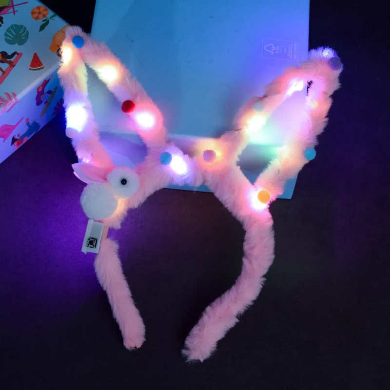 LED 14 Lamp Long Rabbit Ear Headband  Flashing Colorful String Lamp Luminous Hairband Birthday Party Christmas Easter Headband