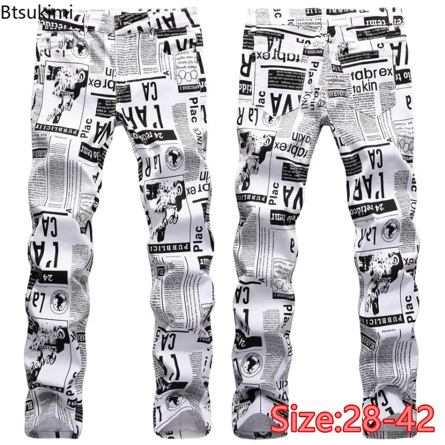 2024 Street Style Men’s Slim Stretch Jeans Trend Newspaper Full Print Personalized Stylish Sexy Denim Pants Men Casual Trousers