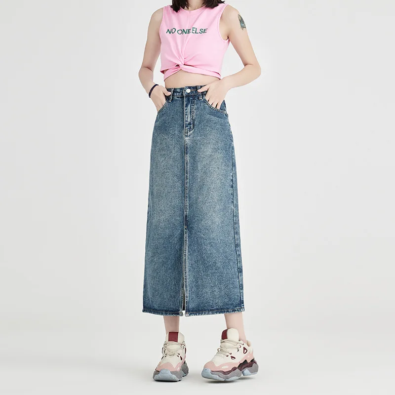 

2023 Summer New Long A-line Denim Skirt Women Vintage Split Blue High Waist A-line Jeans Skirt