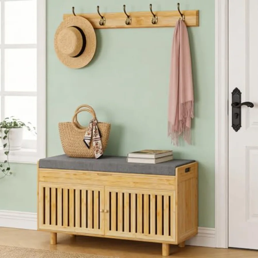 Shoe Storage Bench Coat Rack Set 35.4 Bamboo Hall Tree Entryway Bench with Lift Top Hidden Storage Wall Hooks Seat Cushion 2-Ti