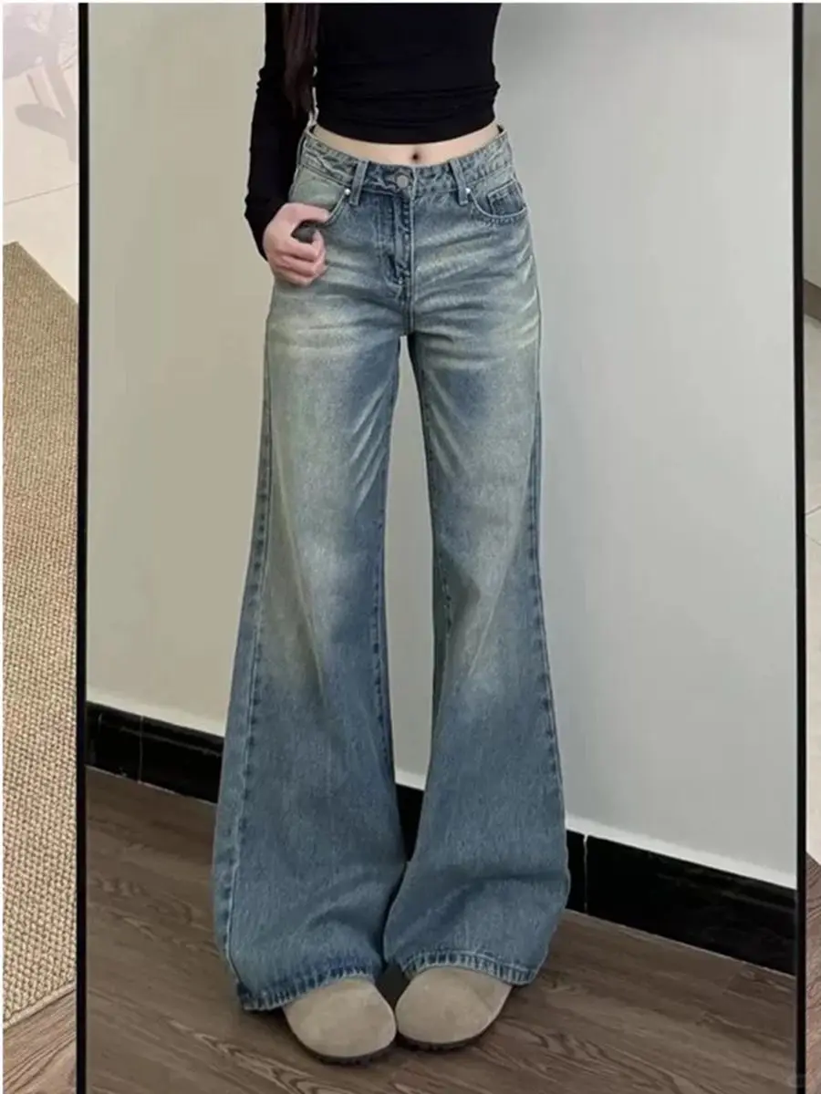 

Y2K Stick Leg Micro Flared Jeans Women American Retro Spring Low Waist Loose Straight Leg Flared Pants