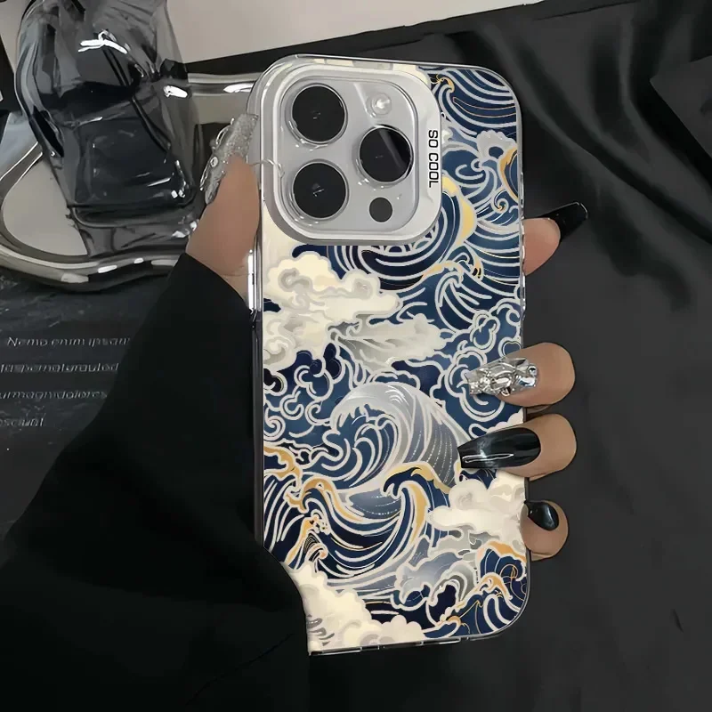 Japanese Waves Electroplate IMD Phone CaseFor Xiaomi Poco F6 X6 F5 X5 M6 Pro 4G Mi 13 12 11 Lite 5G NE 14T 13T 12T Pro Cover