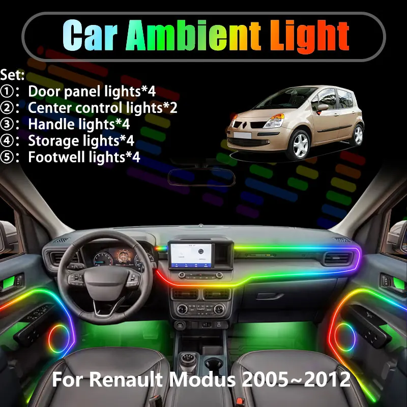 For Renault Modus 2005~2012 Grand 2006 2/18 in 1 Car ambient lighting Led trunk interior led lights USB RGB Ensemble Streamer