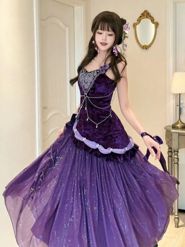 Purple Night Star River Elegant velvet luxurious fishtail halter dress