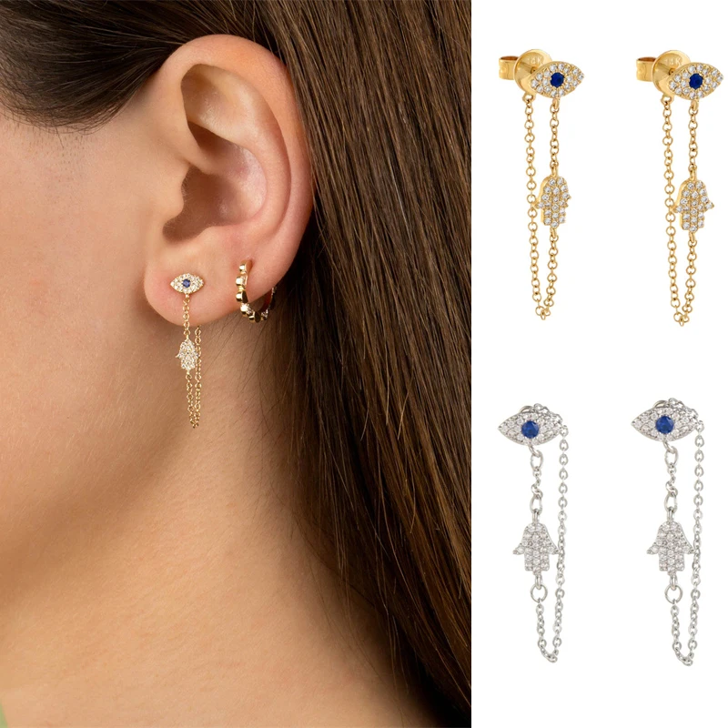 

Blue Devil's Eye Palm Chain Earrings 18K Gold Plated Dainty Fashion Women Butterfly Buckle Earrings Birthday Gifts for Friends