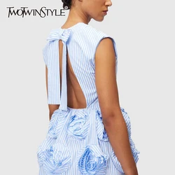 TWOTWINSTYLE Striped Patchwork Lace Up Backless Dress For Women Round Neck Sleeveless High Waist Spliced Applique Dresses Female