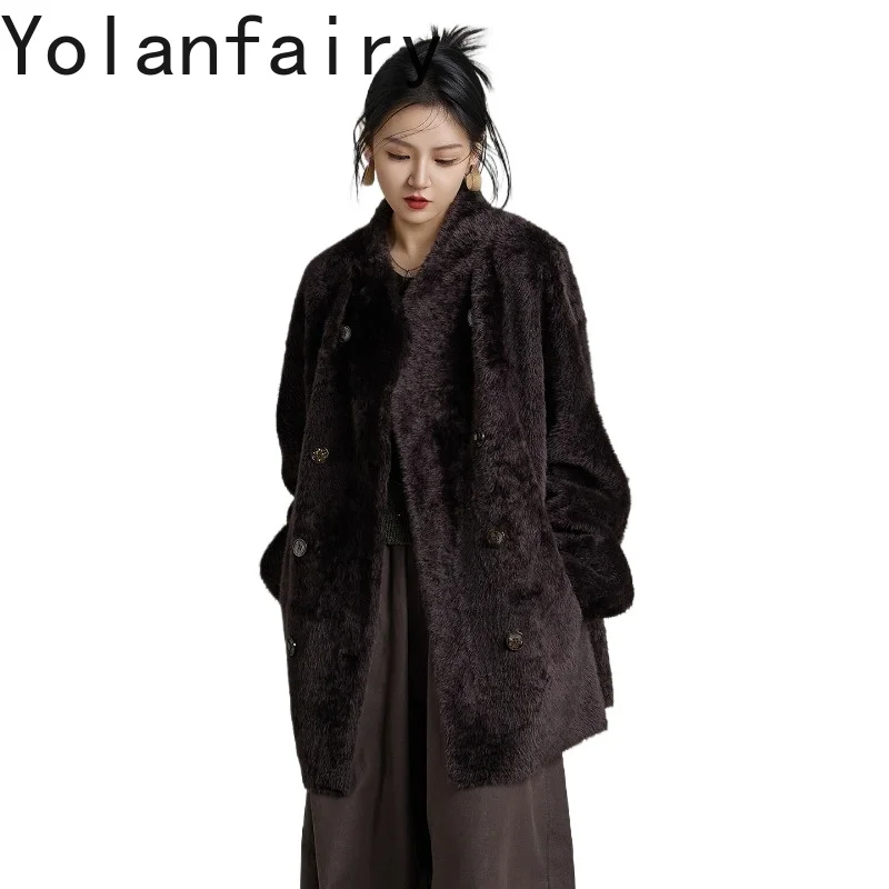 

YOLANFAIRY Soft Natural Merino Lamb Shearling Coat Women Loose Mid-Length Genuine Sheep Fur Jacket Warm Winter Fur Coats Woman