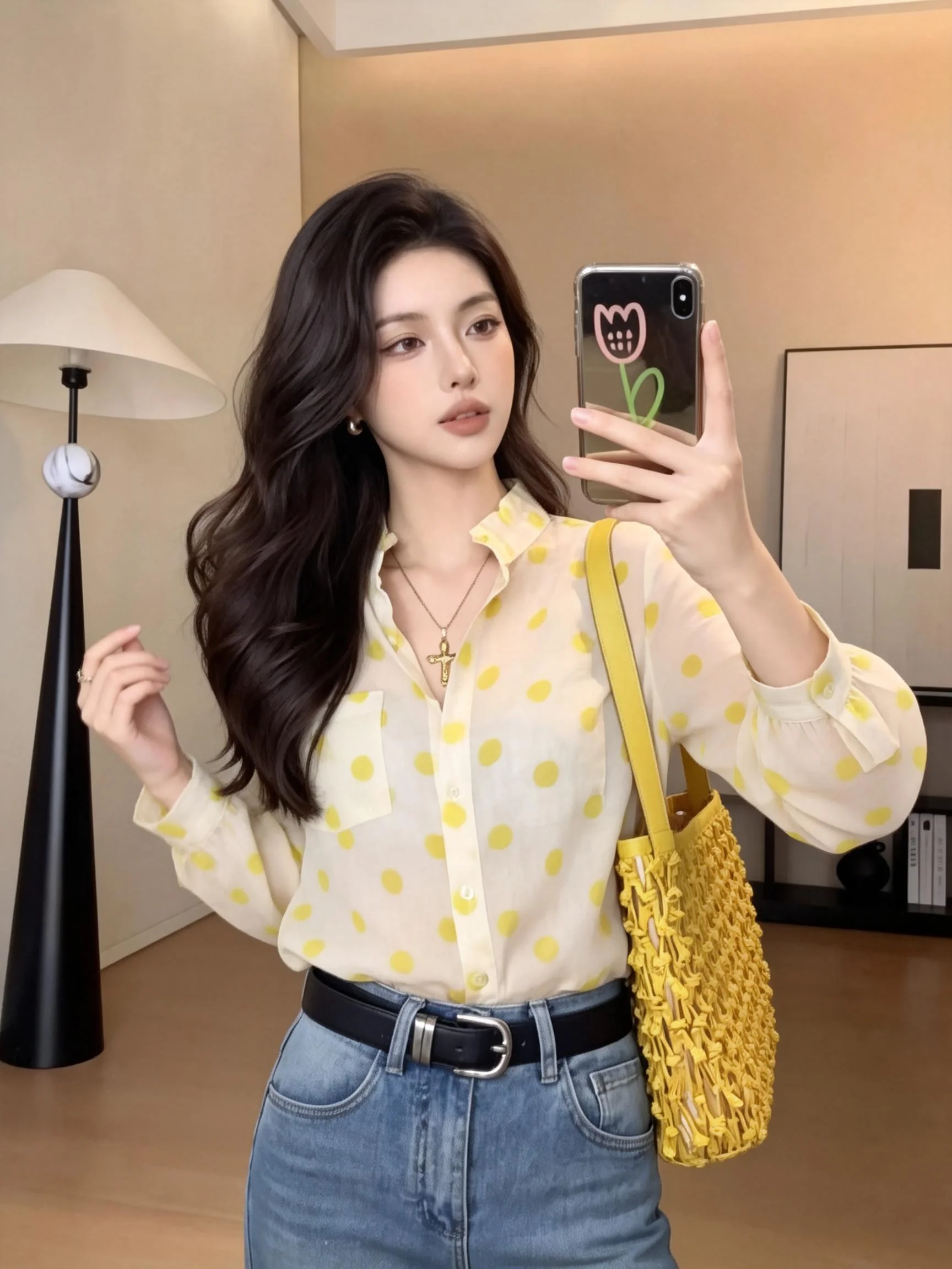 

Yellow Polka Dot Stand Collar Long Sleeve Loose Women's Shirt Lotus Leaf Casual Style Spring Fashion 2026 New Arrival