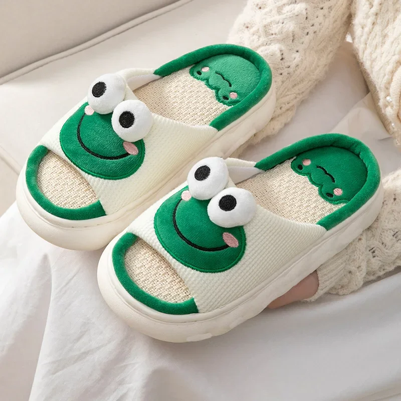 Women Cartoon Frog Slippers Winter Warm Indoor Home Slides Linen Thick Sole Couple Slipper Bedroom Anti Slip Shoes Sandals