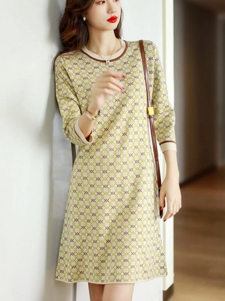 

Faionable Seven-Sve Dr Women's Spring Autumn Loose Ele Small Fraance Sle Korean Version A-Line Dr