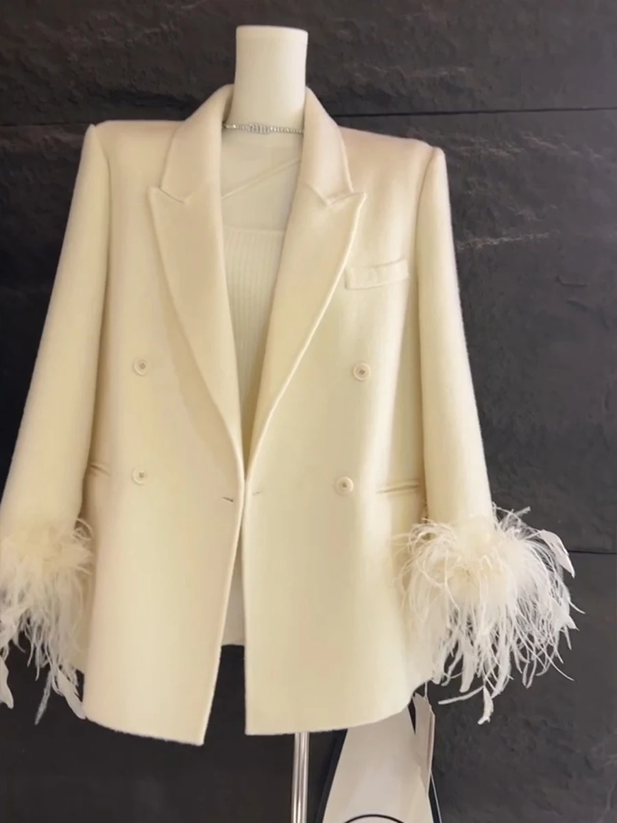 High-end Struisvogelhaar Splicing Wollen Blazers Dames 2025, Lente Herfst Nieuwe Temperament Tops Vrouwelijke Lange Mouw Colberts