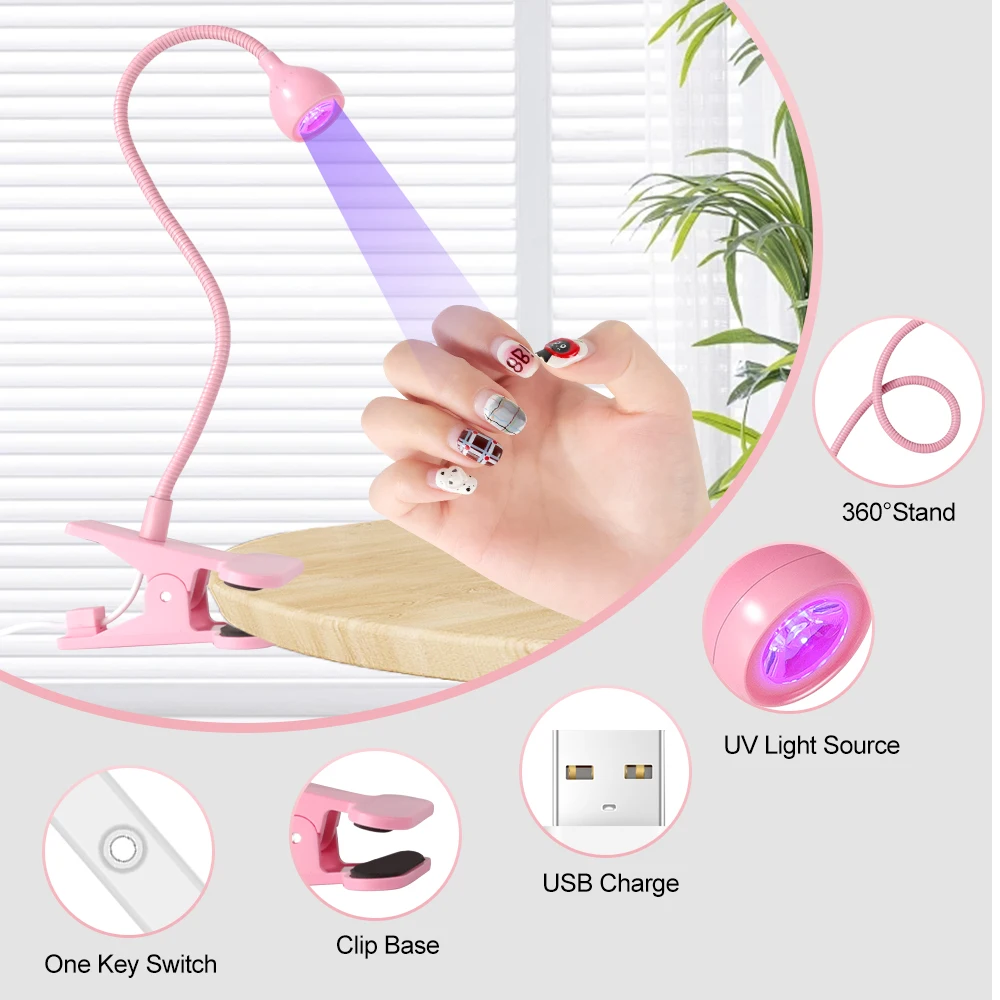 Nail LED UV Lamp for Drying Gel Nails Polish Clip-On Flexible Desk Mini Portable USB Nail Lamp UV Light Dryer for Manicure Salon