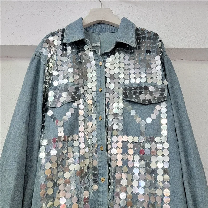 Camicetta di Jeans con paillettes Chic primavera Jeans larghi camicetta con perline monopetto Cardigan da Cowboy Crop top Blusas Mujer 2024