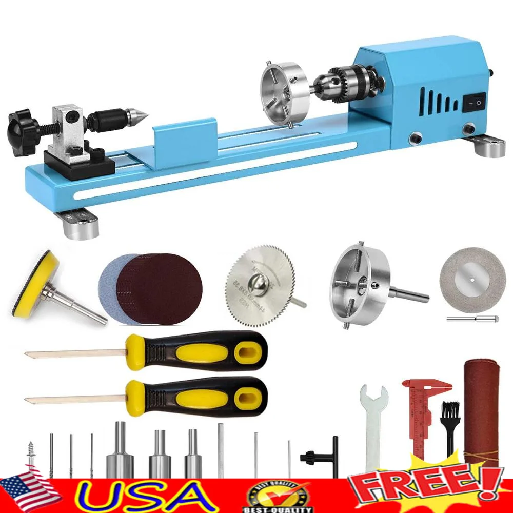 Multi-Purpose Wood Lathe Mini Machine Kit Adjustable Chuck HSS Wood Saw DIY Hobbyists Turning Cutting Grinding Polishing Durable