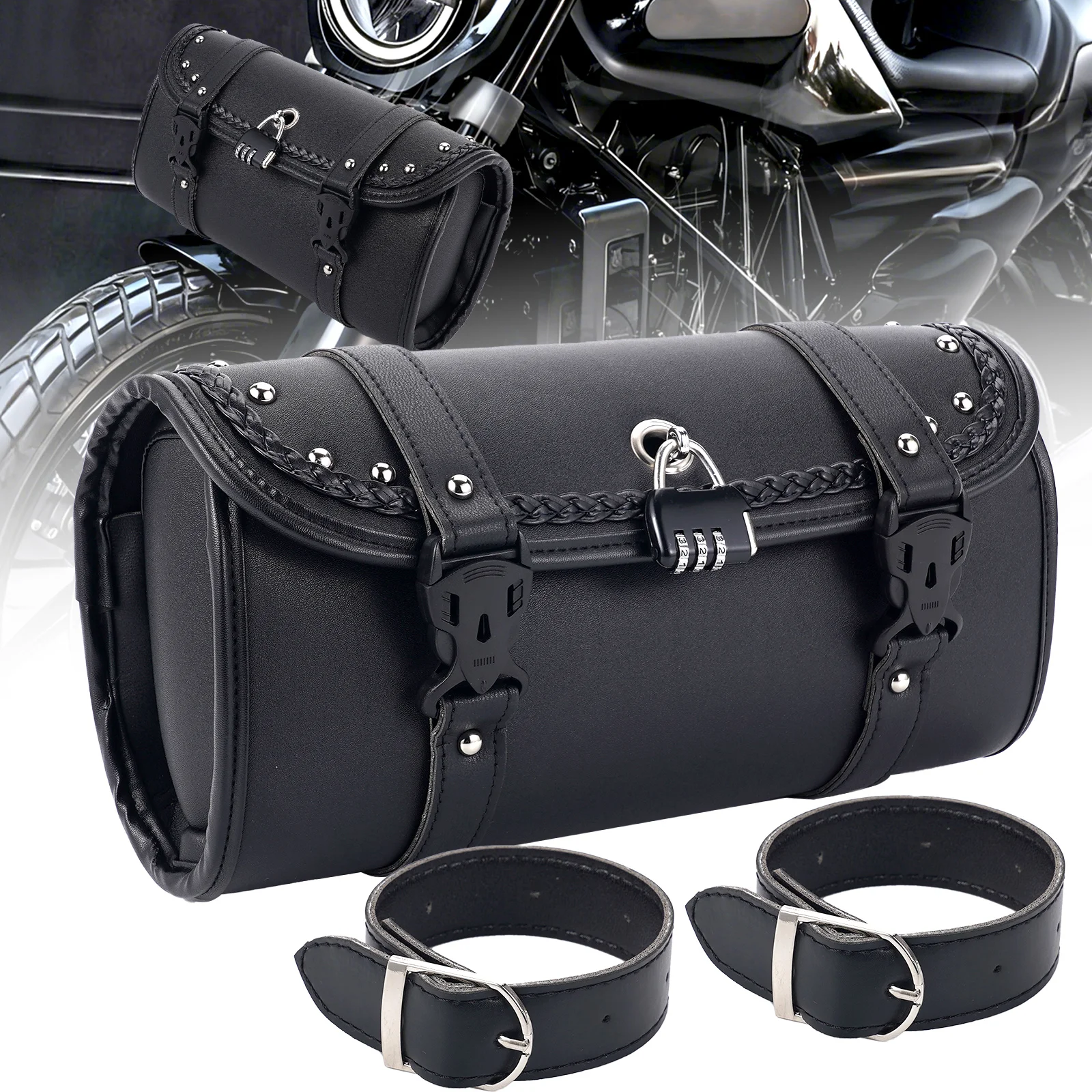 

Universal Motorcycle Fork Bag Leather Saddlebags Tool Bag Storage Pouch Waterproof For Cruiser Bike Vintage Bike Scooter