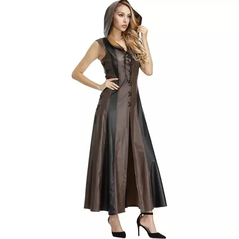 Medievale Archer Ranger Elfo Halloween Hobbit Costume Donna Assassino Jerkin Cosplay Corpetto Abito Cappuccio in pelle Veste Mantello per adulto