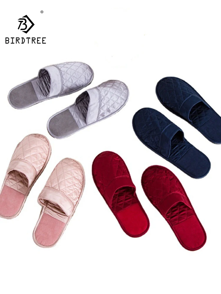 Birdtree, 19MM 100%Real Silk Slipper, Women Men Solid, Comfortable Breathable Airplane Travel Home Shoes, Summer Fall A47039QC