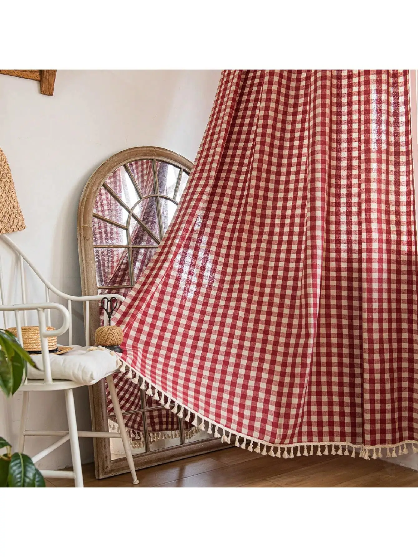 

1pc Linen Curtain Red Plaid Cotton Curtains with Tassel for Bedrooms, Living Rooms and Balconies
