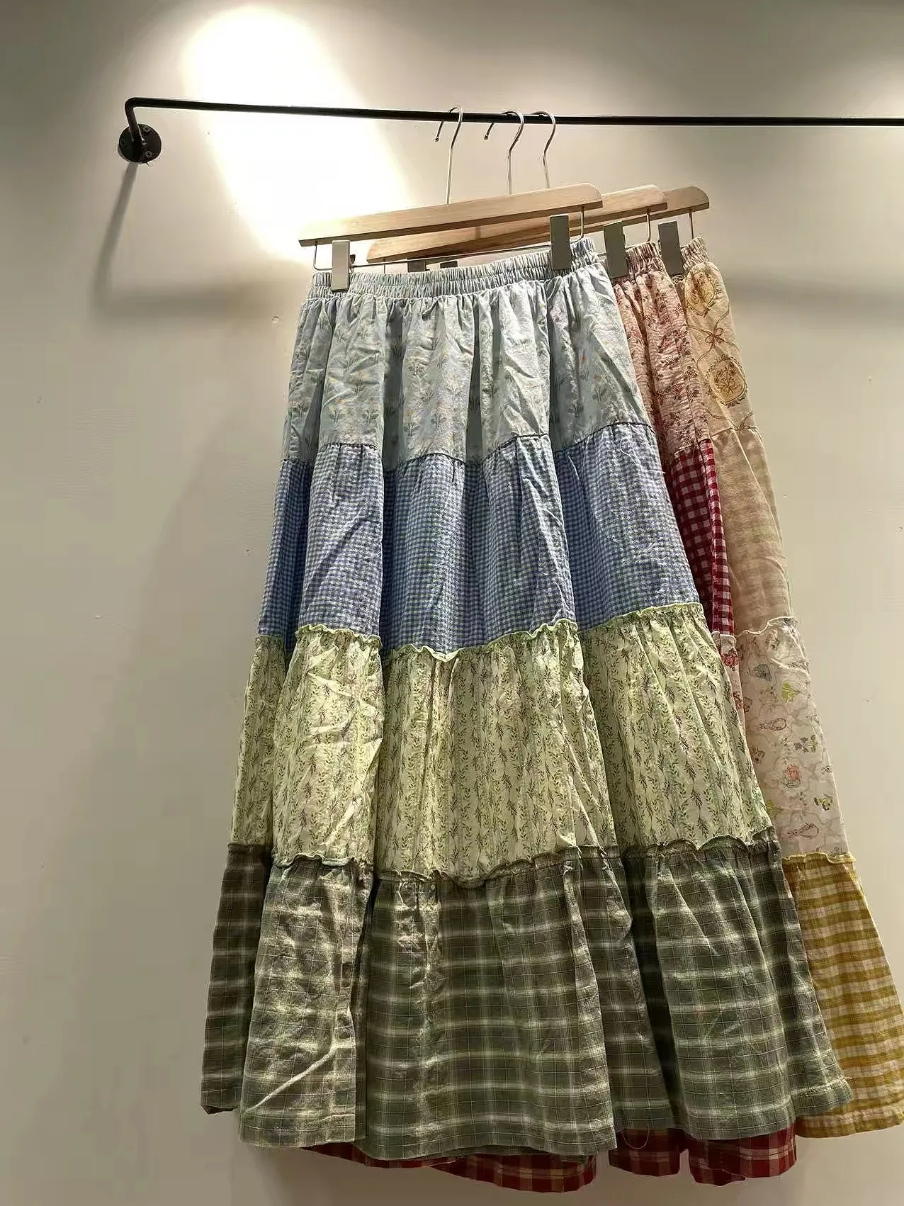 

2026 Women Pure Cotton Cottagecore Patchwork Tiered Maxi Skirt Elastic High Waist Floral Plaid Mixed Print Flowy Long Skirts