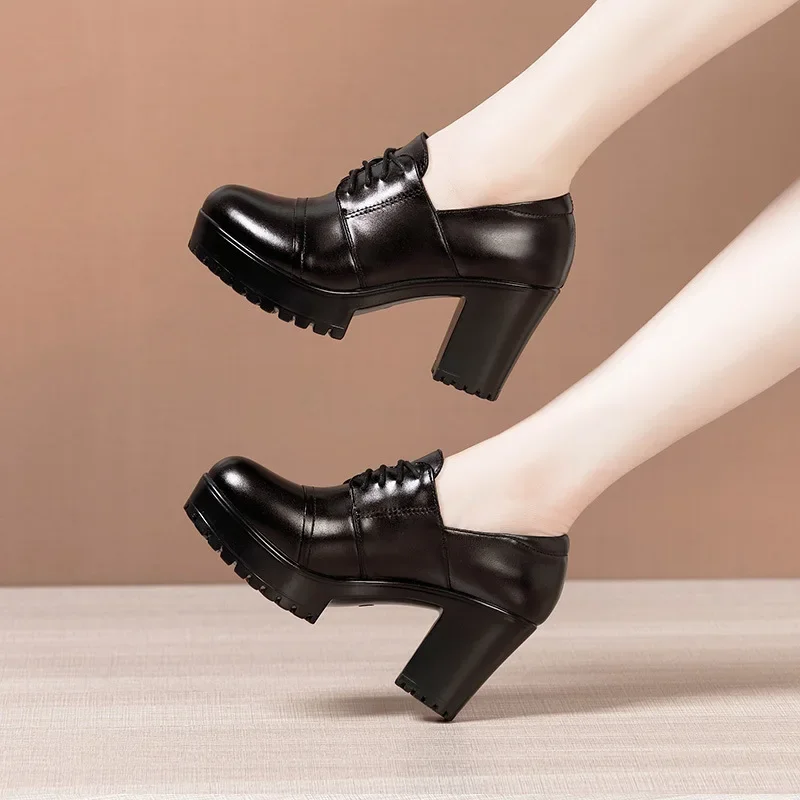 Small Size 32-43 Deep Mouth Soft Leather Shoes Women Oxfords Platform Pumps 2024 Fall Winter Block High Heels Shoes with Fur