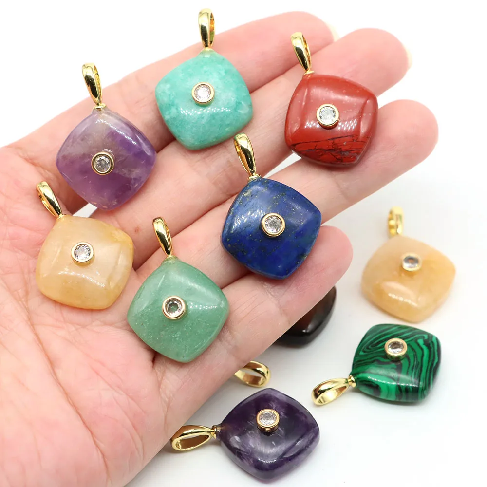 Rhombus Shape Natural Stones and Crystals Amazonite Amethyst Rose Quartz with Zircon Charms Gemstone for DIY Jewelry Accessories