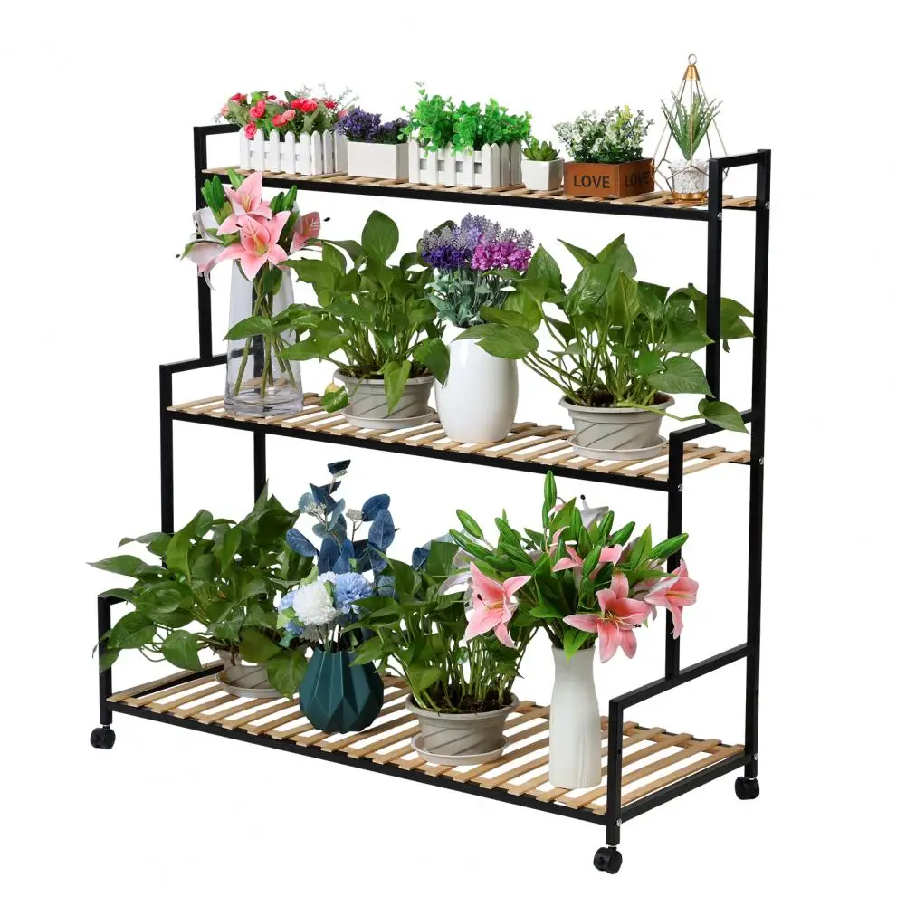 Rustic Flower Stand with Wheels Rolling Flower Shelf , Metal Rack with Solid Wood for Multiple 3 Tier Ladder Flower Shelf Garden