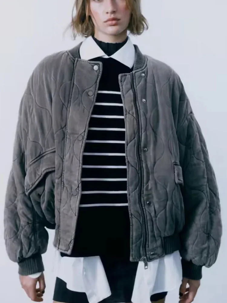 Traf Women Bomber Puffer Gray Jackets Coats Female Parka Jacket Oversized Winter Coats Women Bf Padded Parka Chic Streetwears