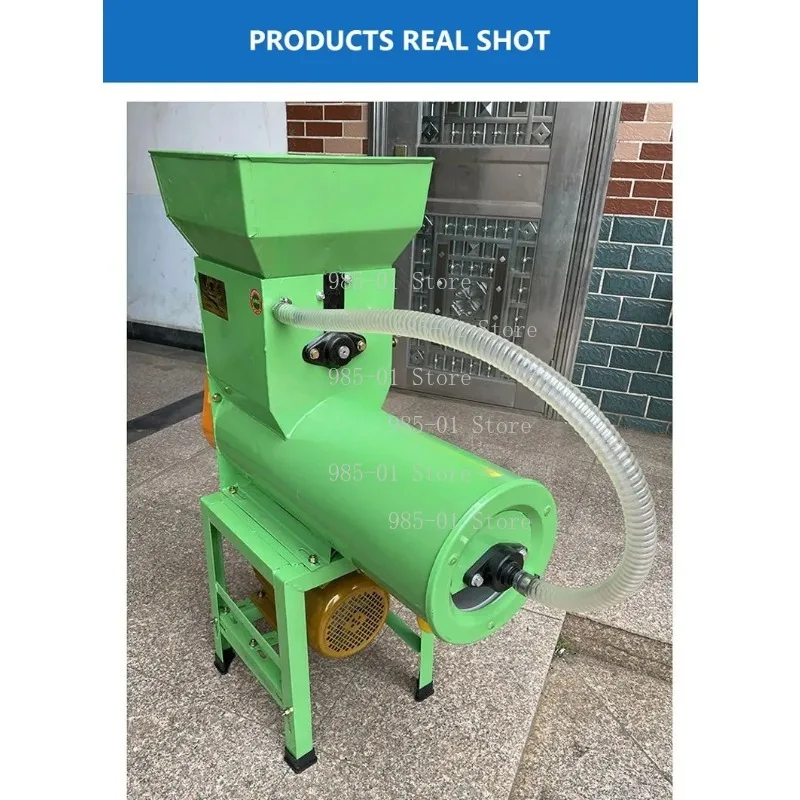Motorized stainless steel fruit crusher with pulp-residue separation, for starch grinding of fruits and sweet potatoes.