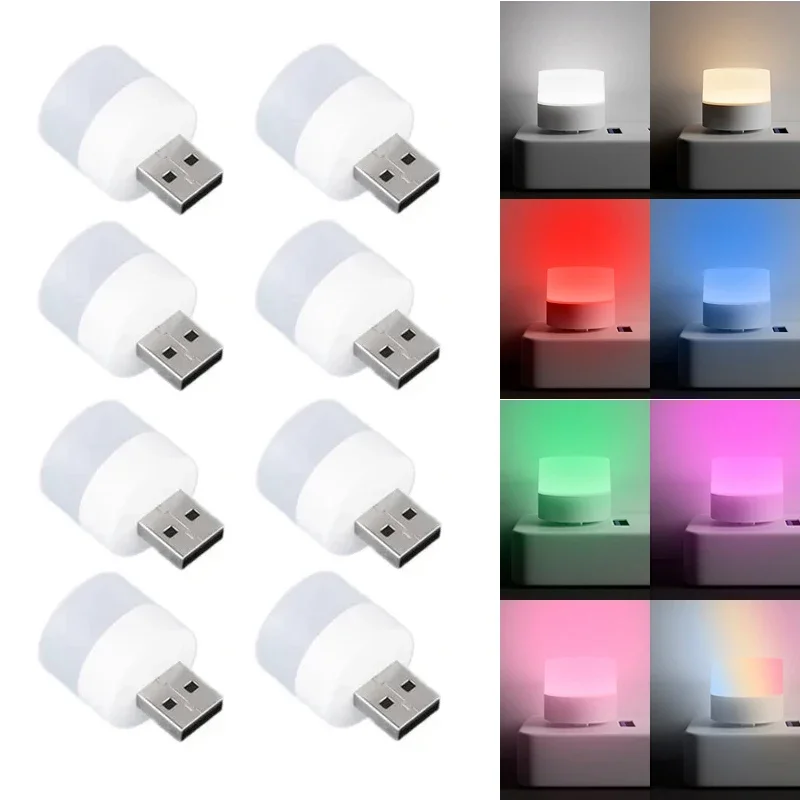 8 Pieces USB Night Light Mini LED Table Lamp Plug-In Light Bulb Portable Power Bank Charging USB Book Lights Small Round Reading