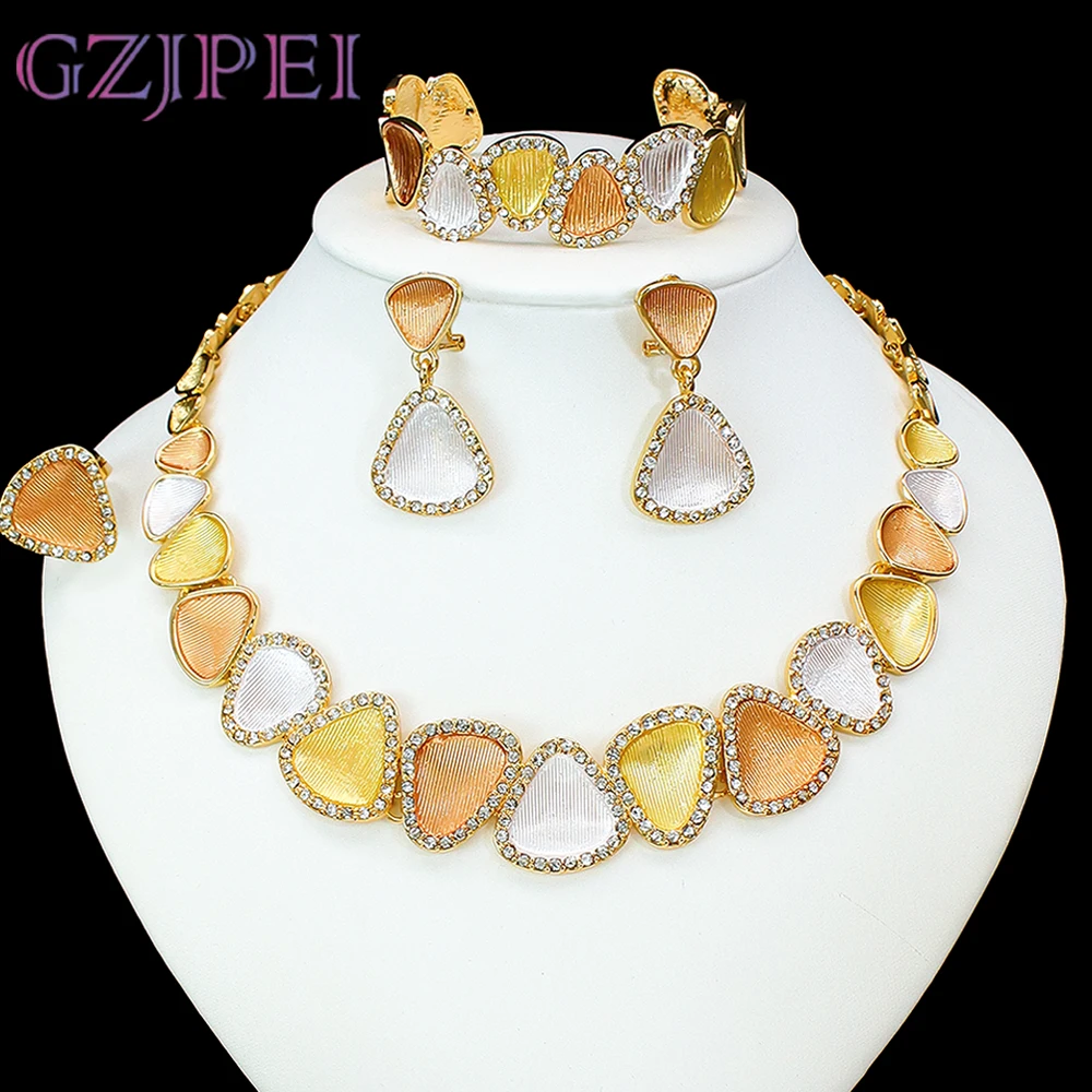 GZJPEI Tri-color Triangle Crystal Jewelry Set 18K Gold Plated African Dubai Bridal Wedding Party Jewelry Ornament 2026 New ﻿