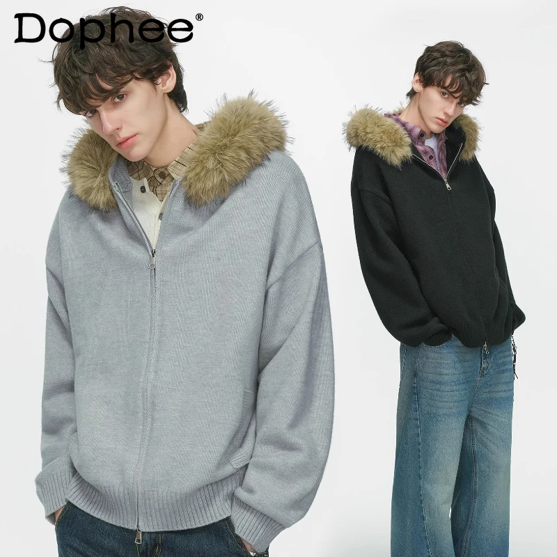 

Men Women 2025 Autumn Winter New Couple Knitted Tops American Style Detachable Faux Fur Collar Hooded Cardigan Sweaters Jackets