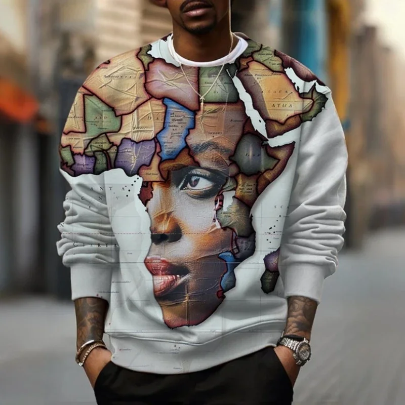 3d African ethnic print men's hoodie retro fashion round neck sweatshirt men's hoodie soft loose oversized long sleeve t-shirt