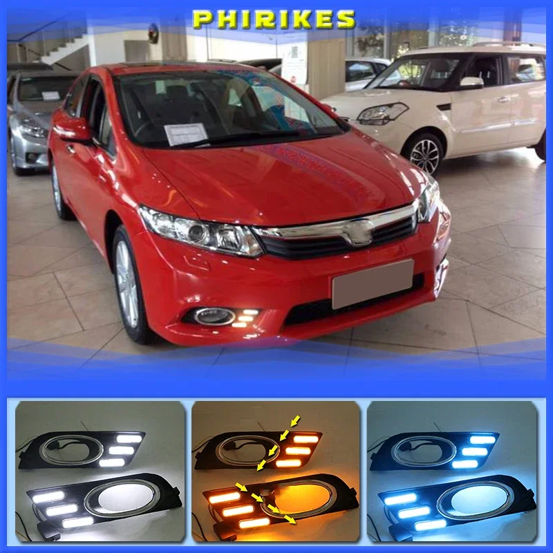 

2Pcs LED DRL Car Daylight Daytime Running Lights with Turn Signal Fog Lamp Covers For Honda Civic 2011 2012 2013