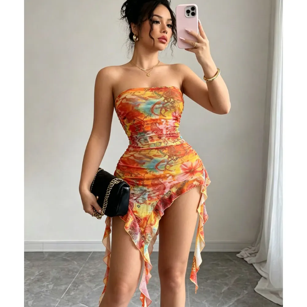 Neue Sommer Sexy Kleider für Frauen Ärmelloses Trägerloses Damenkleid Asymmetrisches Print-Kleid Damen Vestidos De Verano Mujer – Detail 2