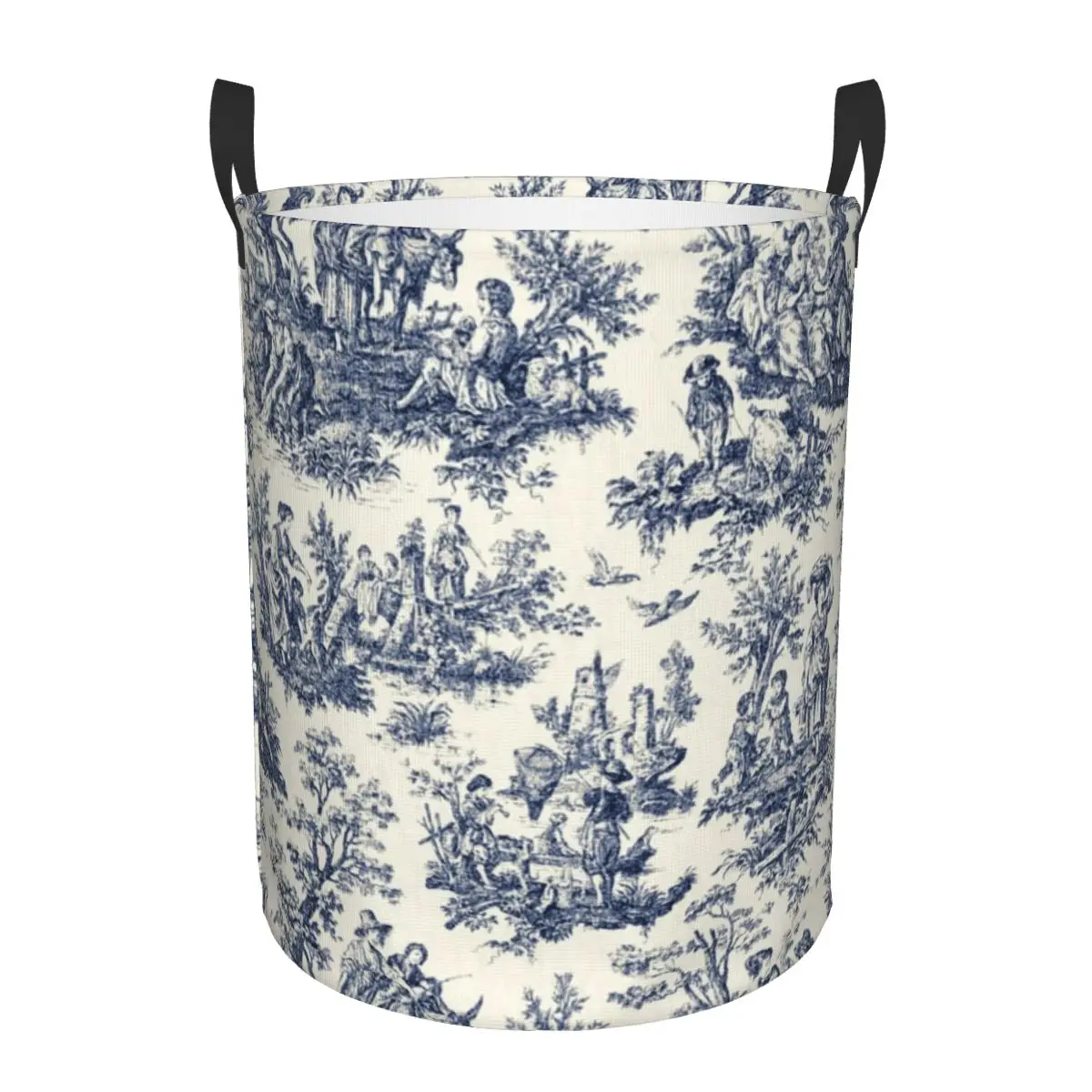 Custom Vintage Toile De Jouy Laundry Basket Collapsible Navy Blue And White Clothes Hamper for Nursery Kids Toys Storage Bag