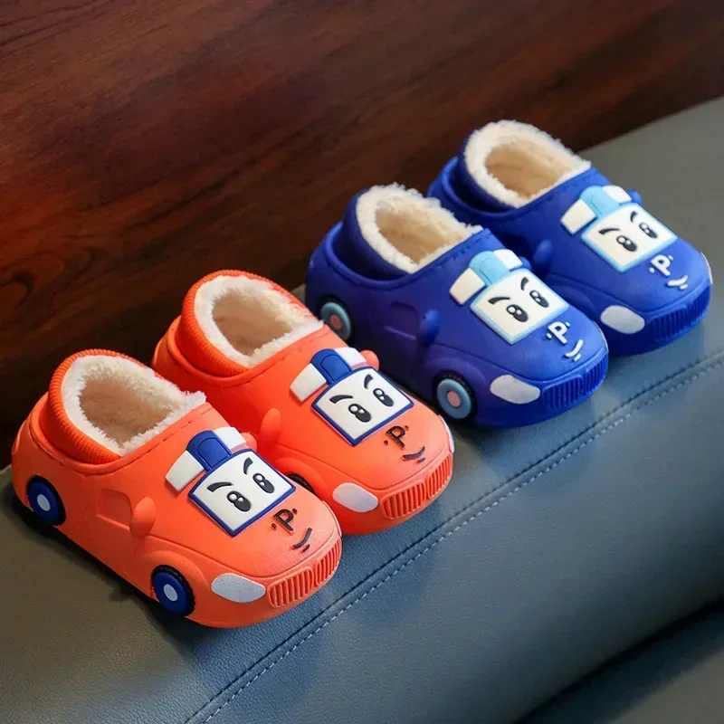 

Boys lovely 2024 new arrival car cartoon slippers babi indoor keep warm plush indoor shoes children winter slippers
