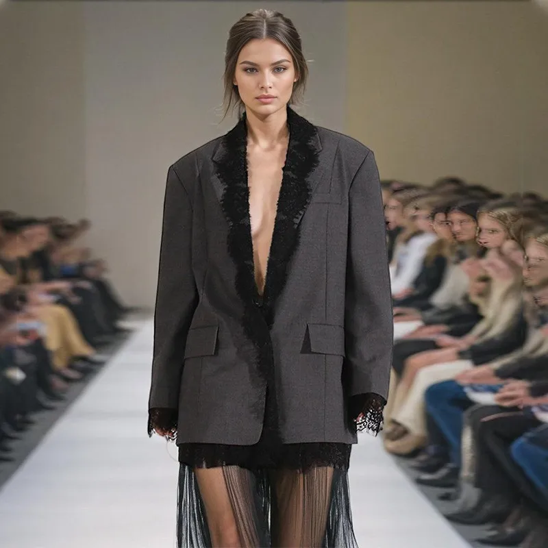 Patchwork Long Sleeve Coat Loose Fit Elegant Style with Commuter Chic Short Length Regular Sleeve V Neck No Hood Women Jacket