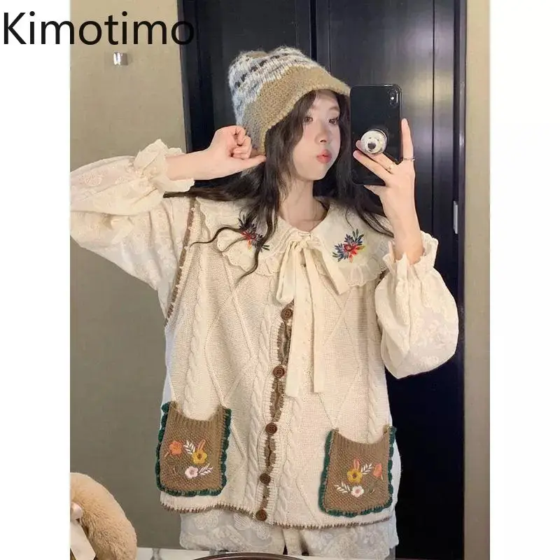 Kimotimo Embroidery Sweater Vest Women Vintage Patchwork Single Breasted Sleeveless Cardigan Autumn Loose Overlap Knit Waistcoat