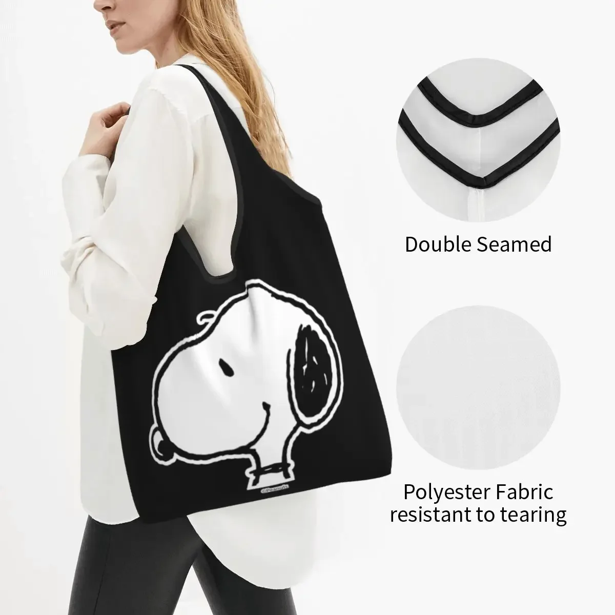 Snoopy Smile Cute Cartoon Shopping Bags Reusable Grocery Tote Bags Large Capacity Recycling Bags Washable Handbag