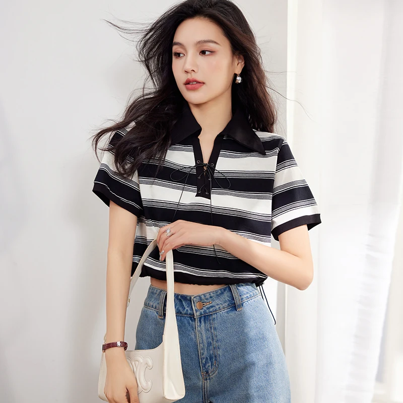 Black and White Stripe Short Top 2023 Summer New Women's Spicy Girls Open Umbilical POLO Shirt Women's V-Neck Lace Up T-shirt