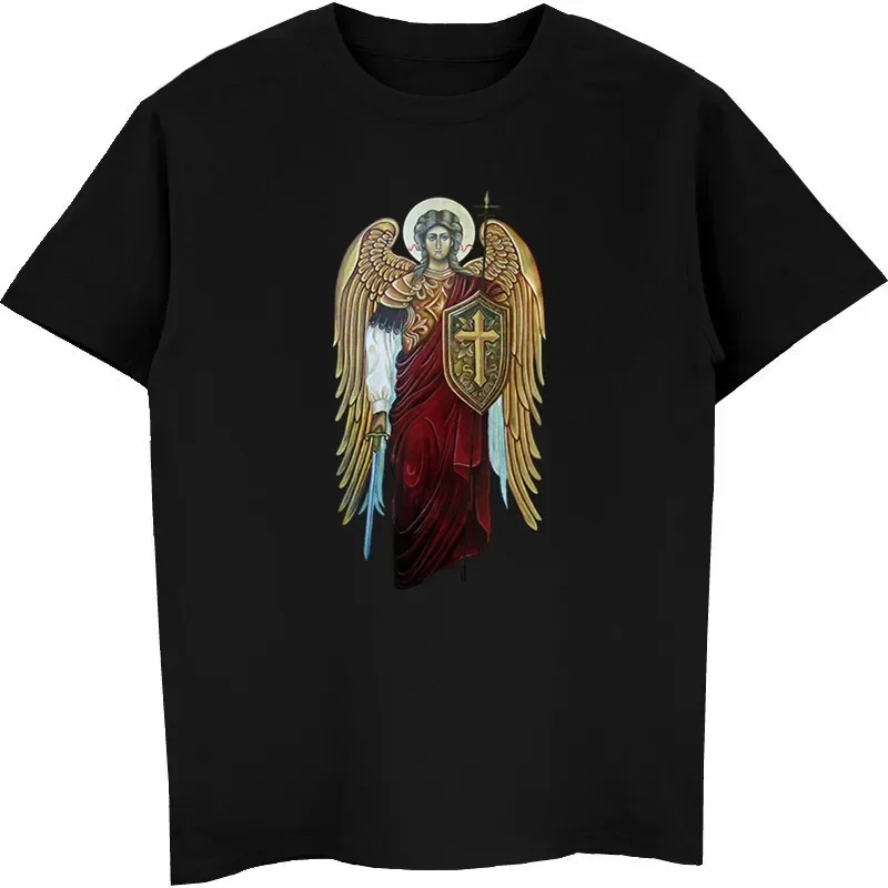 Saint Michael The Archangel Knight Of God Catholic Christian T-Shirt Men Short Sleeve Cotton T Shirt Hip Hop Tees Tops