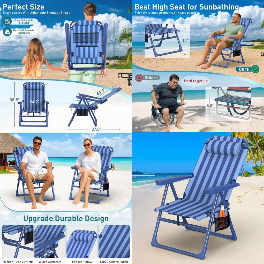 

Backpack Beach Chair for Adults - 6-Position Folding Reclining Chair with Cooler Bag & Cup Holder, Lightweight Portable Beach Ch