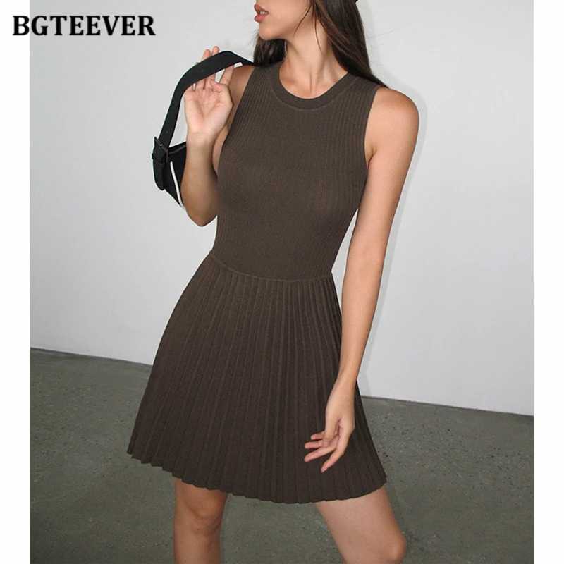 Bgteever-vestido de malha feminino, sem mangas, plissado, cintura fina, colar redondo, estilo casual, verão