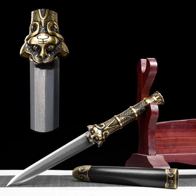 Chinese Ghost Sword Short Knife Folded Steel Gift Props Handmade Forged Articles Ebonywood Sheath Tanto No Sharp